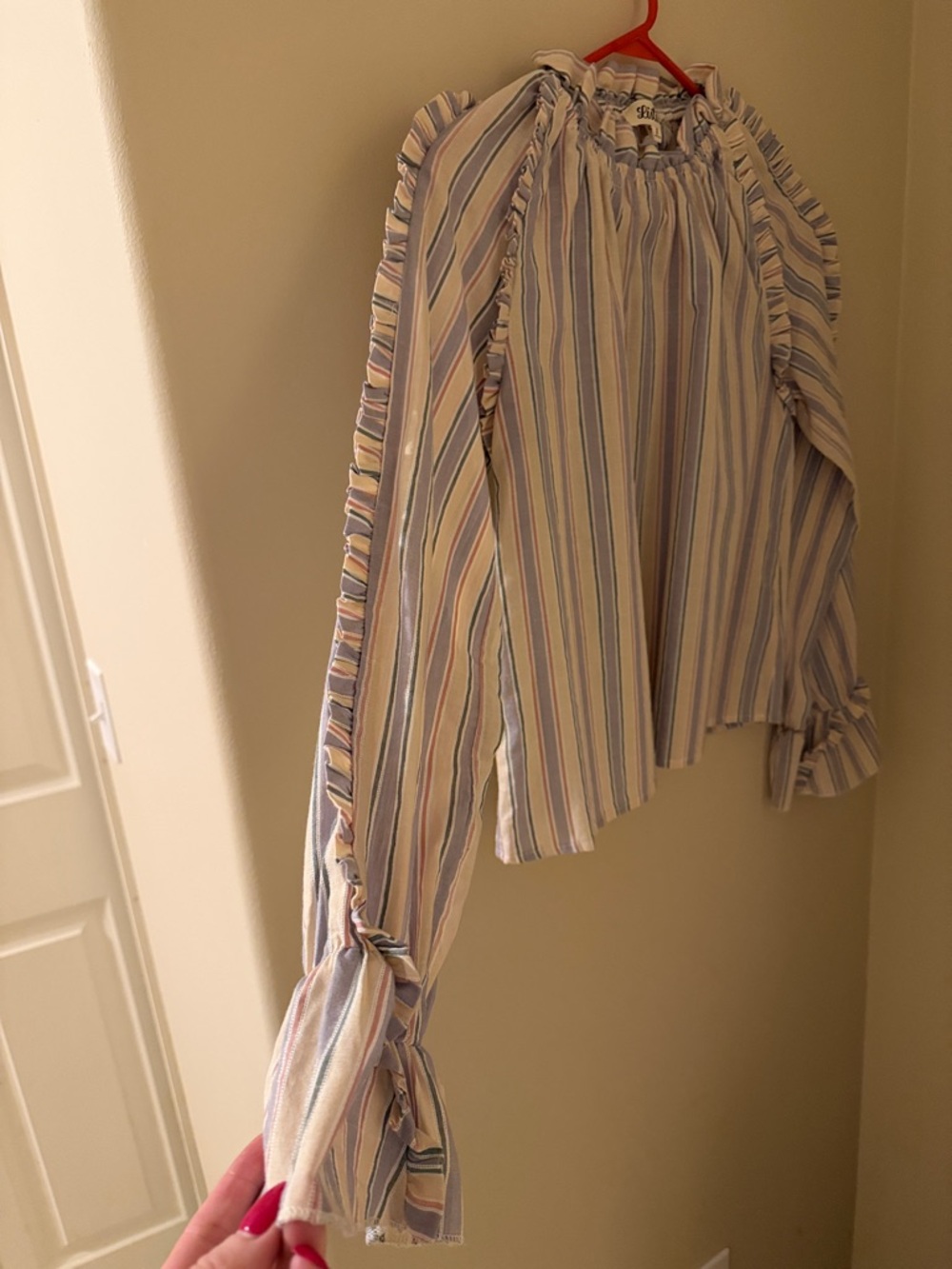 Boho 100% cotton S/M Blue Stripe Ruffle Long-Sleeve Blouse by Listicle - Picture 4 of 6